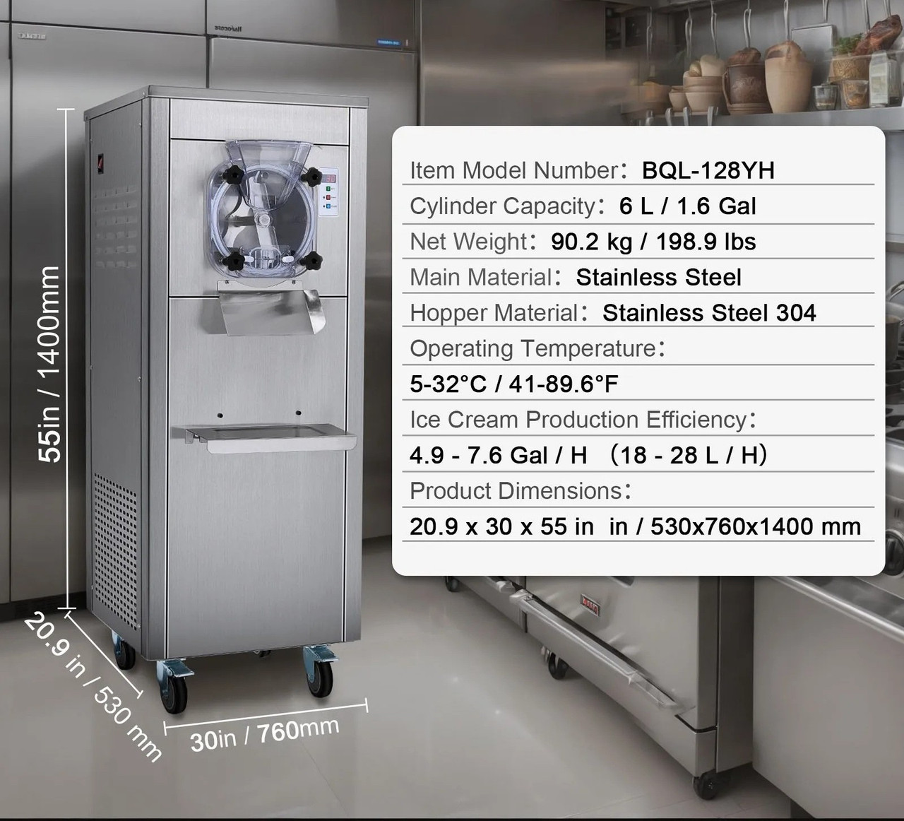 Commercial Ice Cream Machine, 18 L/H Yield, 1780W Single Flavor, 6L Stainless Cylinder, LED Display, Auto Clean & Pre-Cooling, Equipped with Wheels