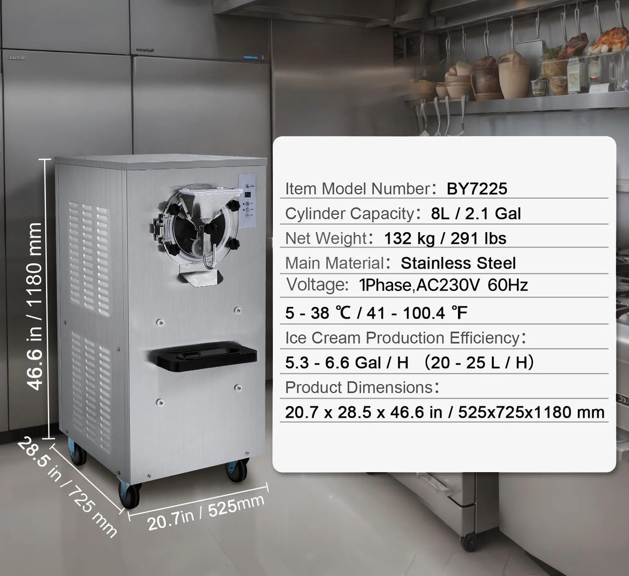 Commercial Ice Cream Machine, 20-25 L/H Yield, 2400W Single Flavor Hard Serve Maker, 8L Stainless Cylinder, Digital Display with Auto Clean & Adjustable Hardness