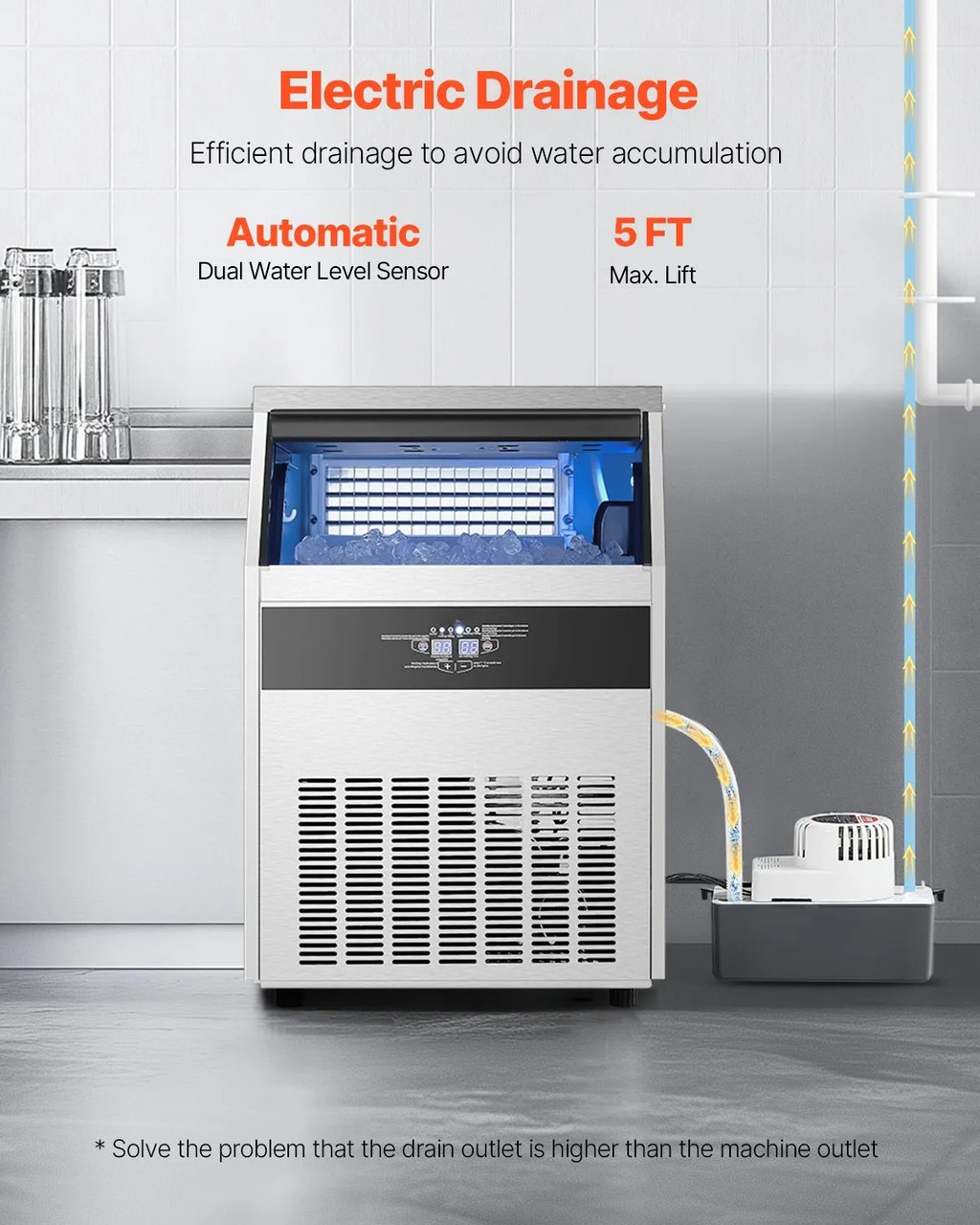 160 lbs/24H Commercial Ice Maker, 66 lbs Storage, Drain Pump, LED Display, Self‑Cleaning Freestanding Machine