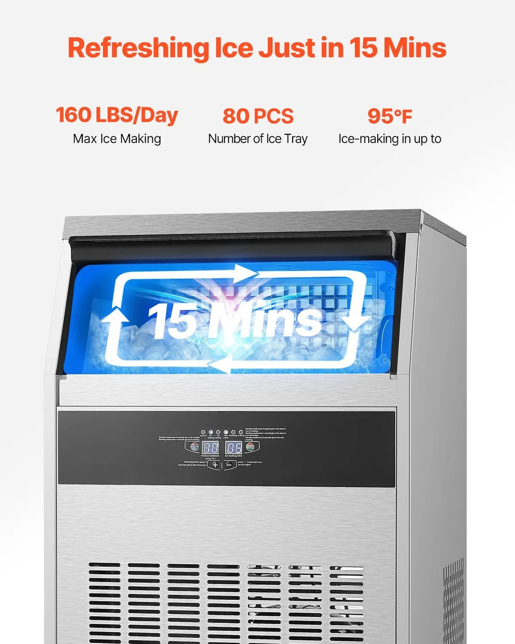 160 lbs/24H Commercial Ice Maker, 66 lbs Storage, Drain Pump, LED Display, Self‑Cleaning Freestanding Machine