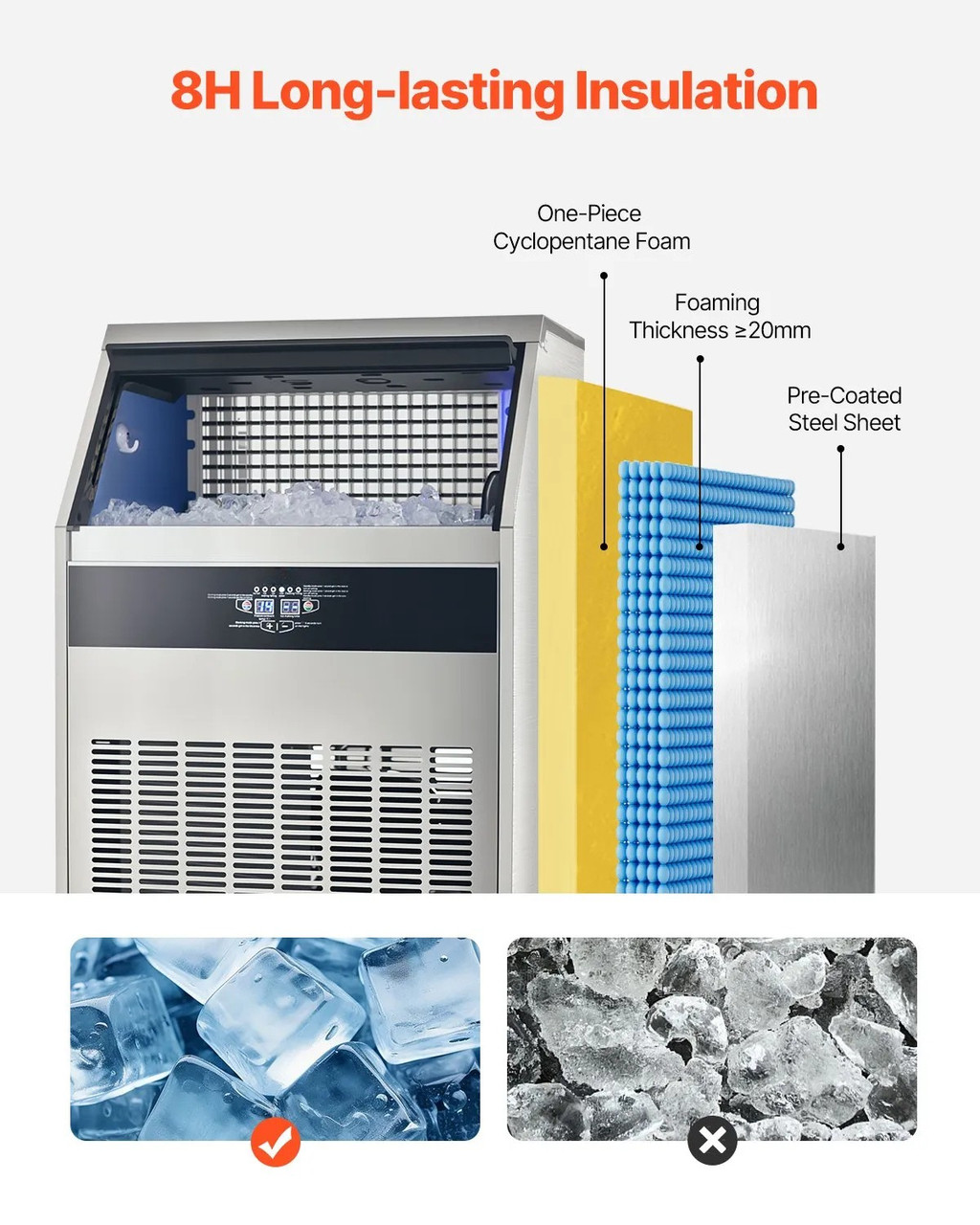 440 lbs/24H Commercial Ice Maker, 130 lbs Storage, Drain Pump, LED Display, Self-Cleaning Freestanding Machine