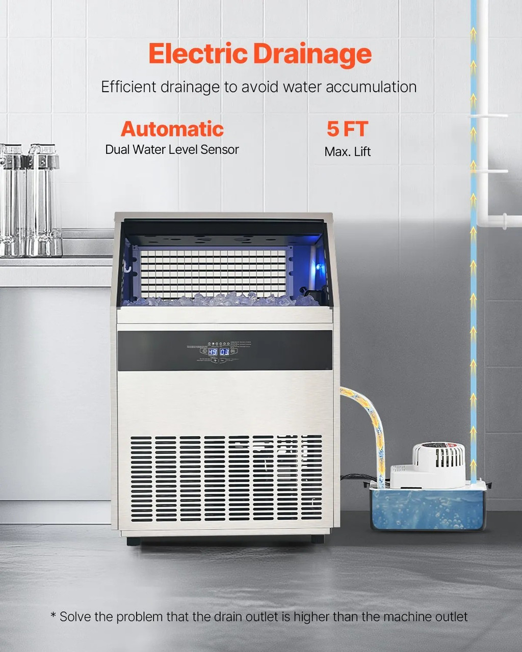 440 lbs/24H Commercial Ice Maker, 130 lbs Storage, Drain Pump, LED Display, Self‑Cleaning Freestanding Machine