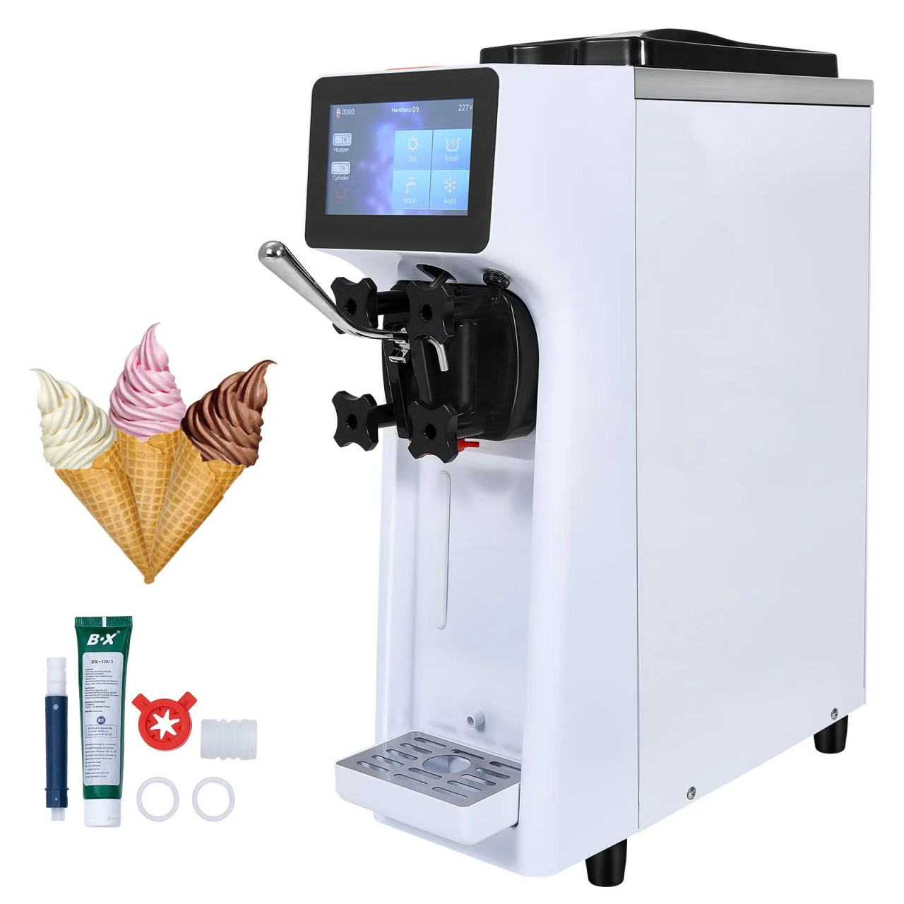 Commercial Ice Cream Machine, 10.6 Qt/H Yield, 1000W Single Flavor Countertop Soft Serve Maker, 4L Hopper, 1.6L Cylinder, Touch Screen with Auto Clean & Pre‑Cooling