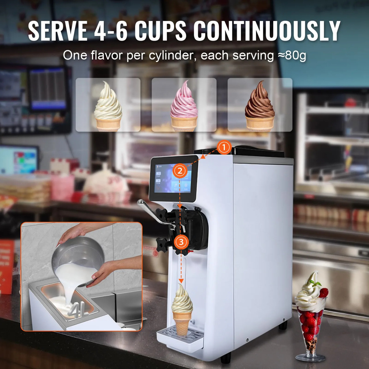 Commercial Ice Cream Machine, 10.6 Qt/H Yield, 1000W Single Flavor Countertop Soft Serve Maker, 4L Hopper, 1.6L Cylinder, Touch Screen with Auto Clean & Pre-Cooling