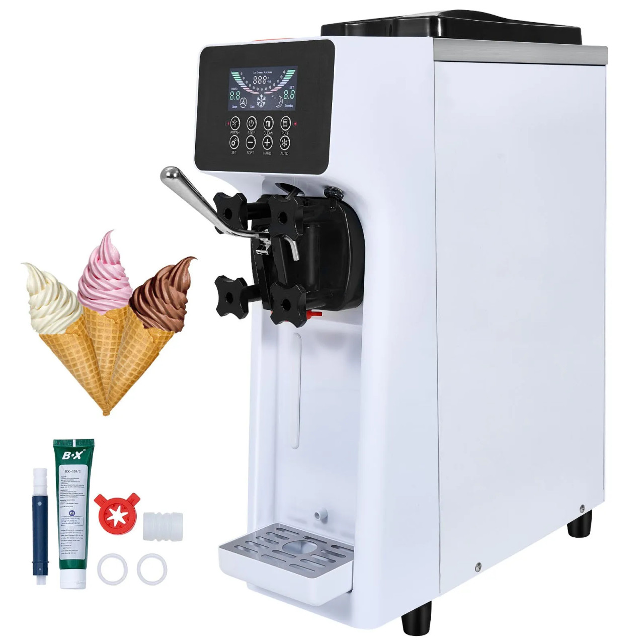 Commercial Ice Cream Machine, 10.6 Qt/H Yield, 1000W Single Flavor Countertop Soft Serve Maker, 4L Hopper, 1.6L Cylinder, LCD Panel with Auto Clean & Pre-CoolingCommercial Ice Cream Machine, 10.6 Qt/H Yield, 1000W Single Flavor Countertop Soft Serve Maker, 4L Hopper, 1.6L Cylinder, LCD Panel with Auto Clean & Pre-Cooling