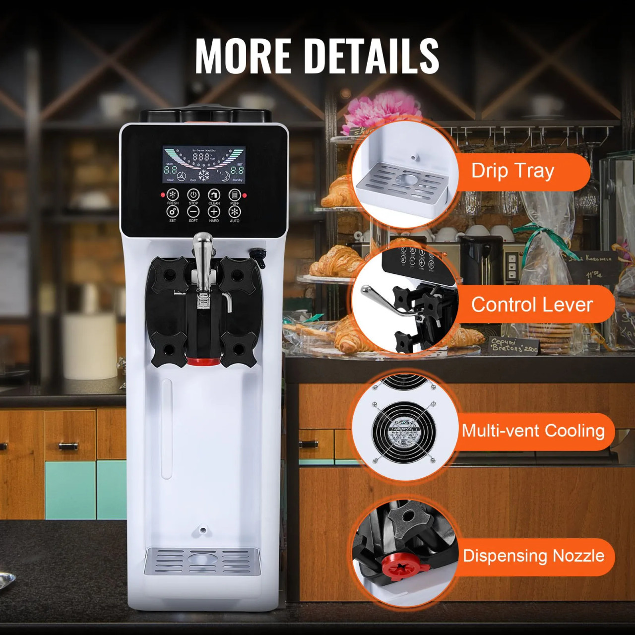 Commercial Ice Cream Machine, 10.6 Qt/H Yield, 1000W Single Flavor Countertop Soft Serve Maker, 4L Hopper, 1.6L Cylinder, LCD Panel with Auto Clean & Pre‑Cooling