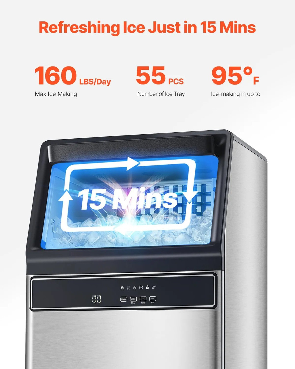 160 lbs/24H Commercial Ice Maker, 33 lbs Storage, 55 Cubes per Cycle, LED Display & Auto Self-Cleaning