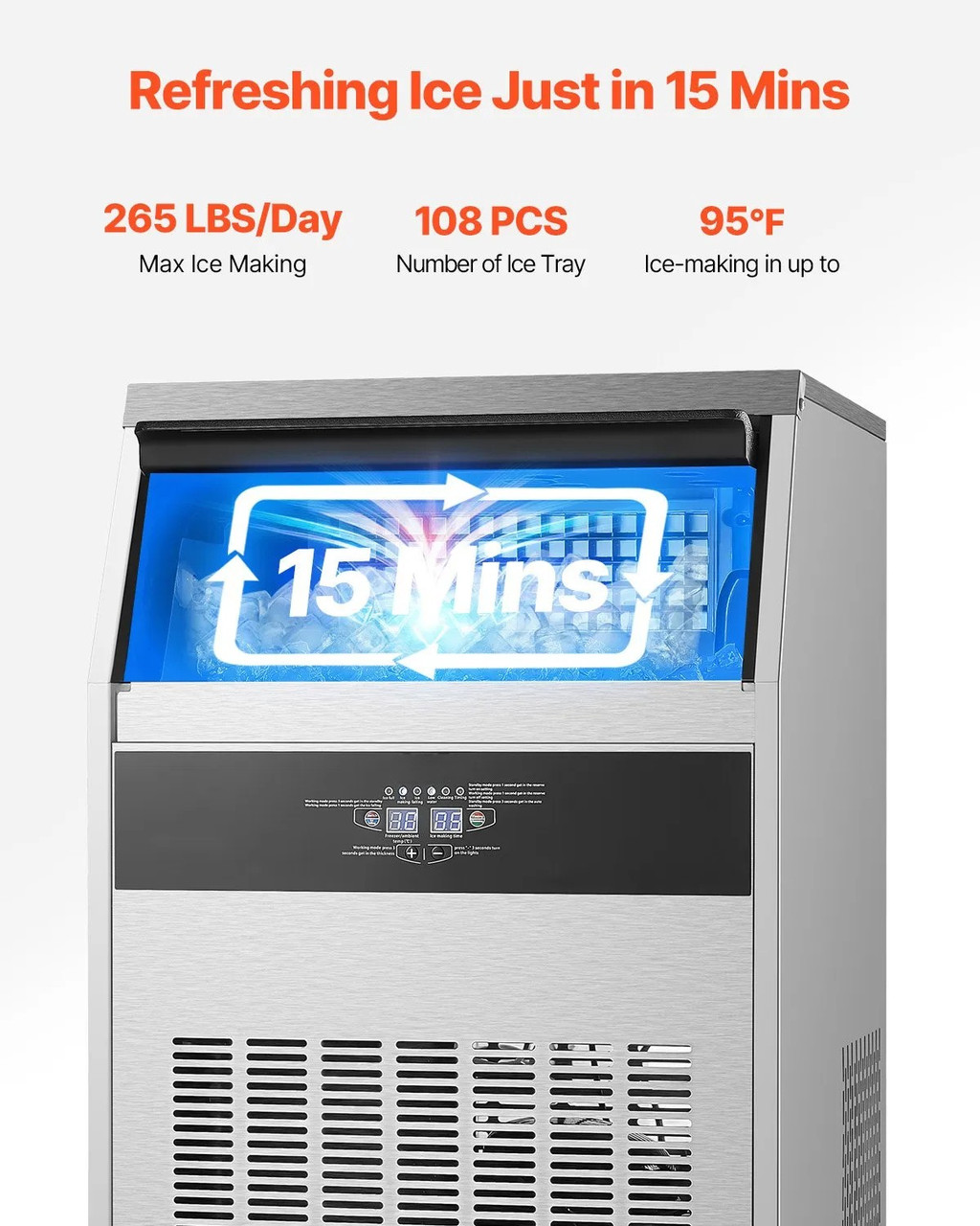 265 lbs/24H Commercial Ice Maker, 66 lbs Storage, 108 Cubes per Cycle, LED Display & Auto Self-Cleaning