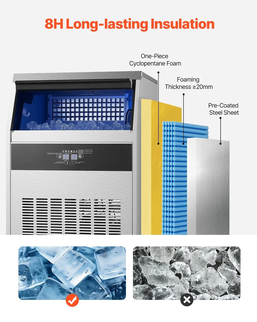 160 lbs/24H Commercial Ice Maker, 66 lbs Storage, 80 Cubes per Cycle, LED Display & Auto Self‑Cleaning