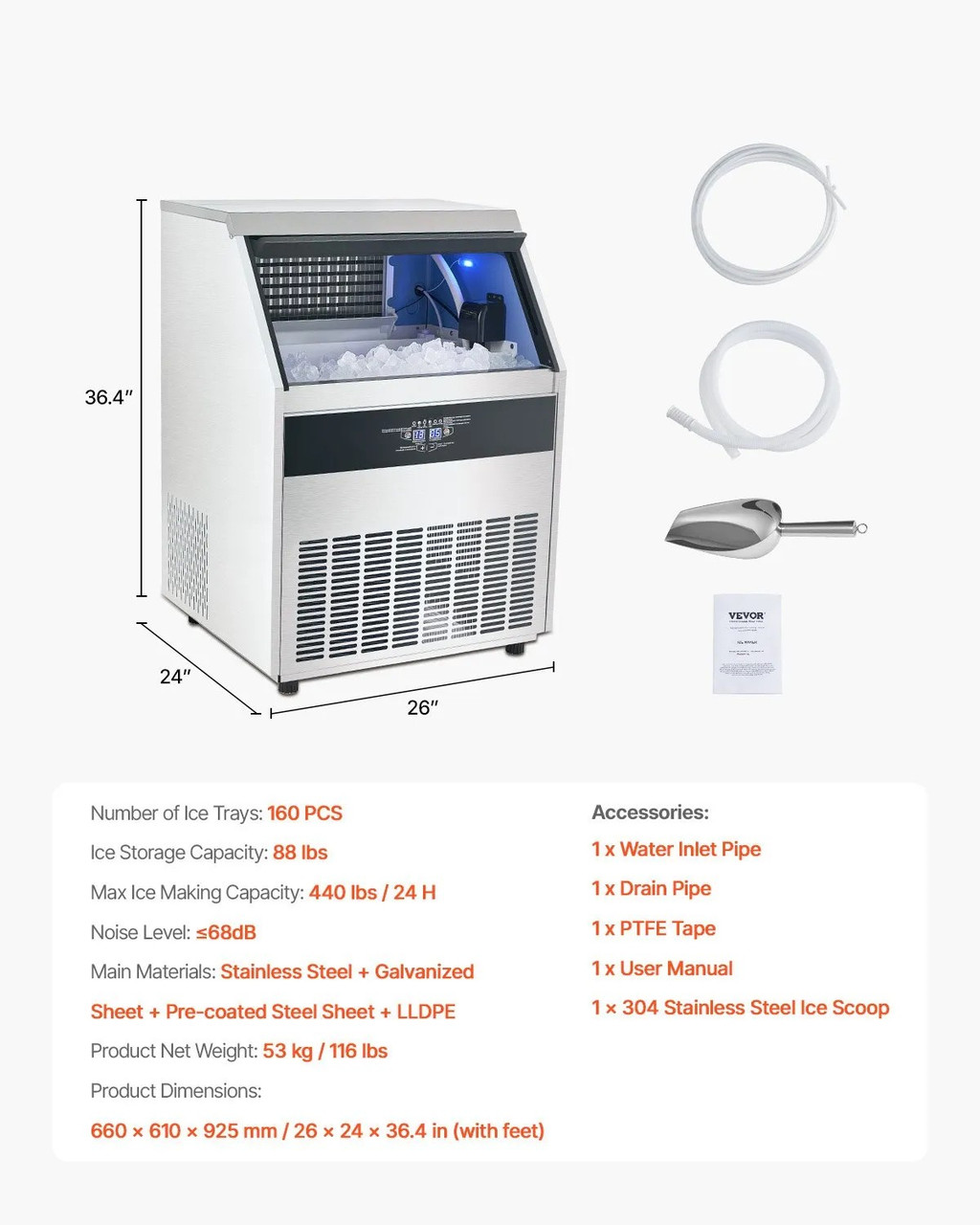 440 lbs/24H Commercial Ice Maker, 88 lbs Storage, 160 Cubes per Cycle, LED Display & Auto Self-Cleaning