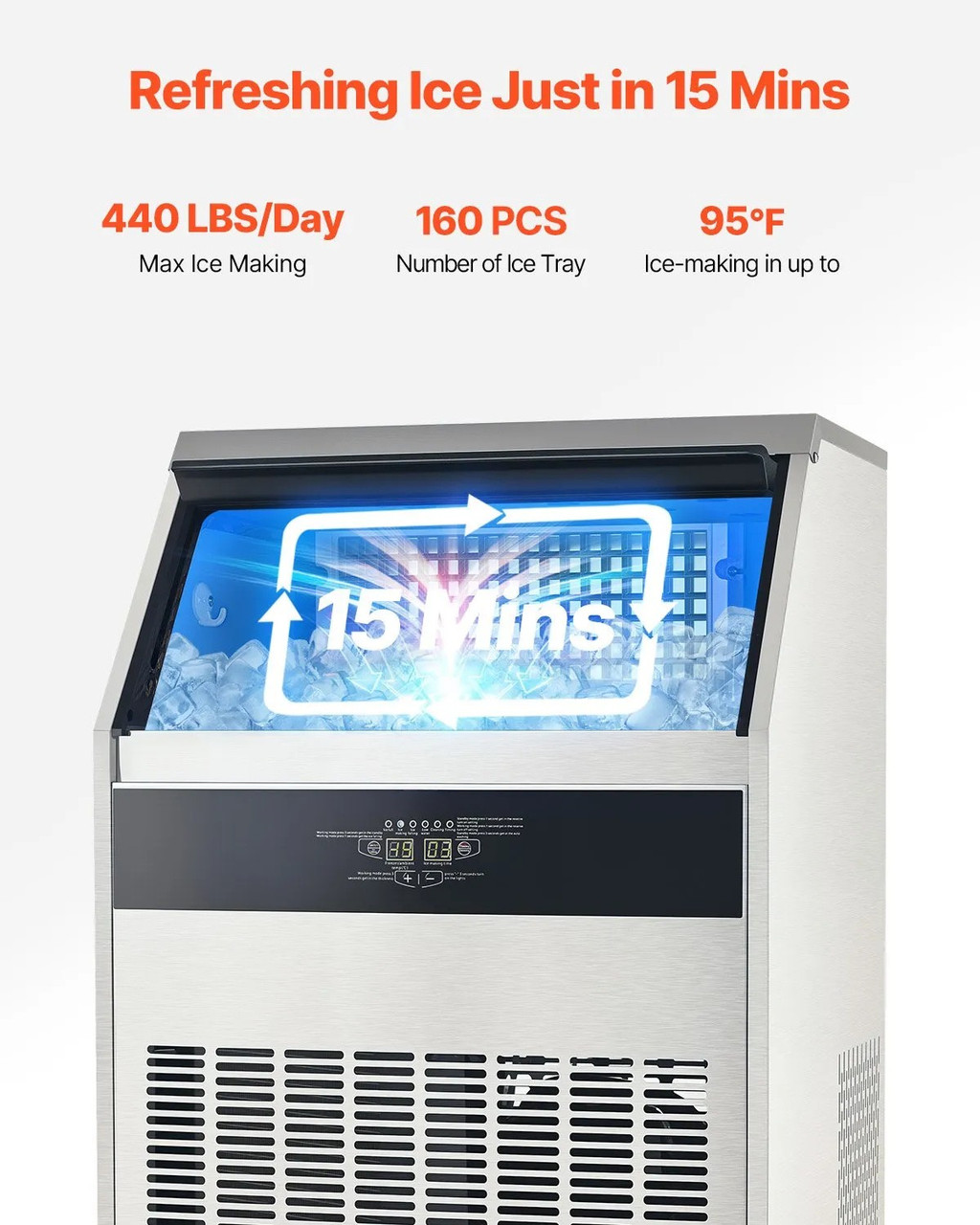 440 lbs/24H Commercial Ice Maker, 88 lbs Storage, 160 Cubes per Cycle, LED Display & Auto Self‑Cleaning