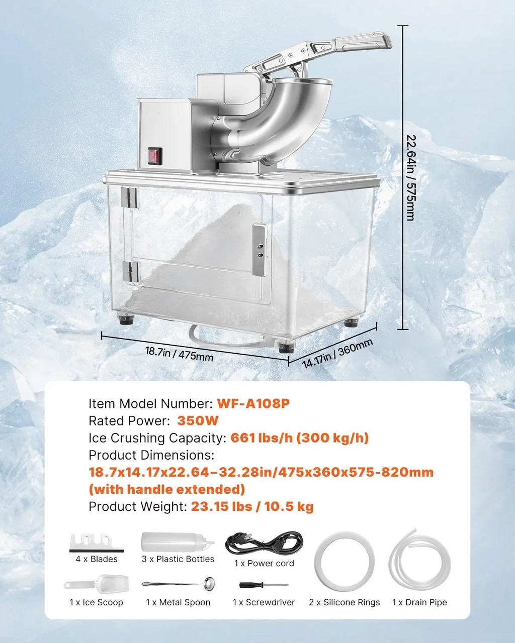 661 lbs/h Commercial Ice Crusher, 350W Electric Snow Cone Machine, 2000 RPM, 4 Blades, 11 Gal Ice Box