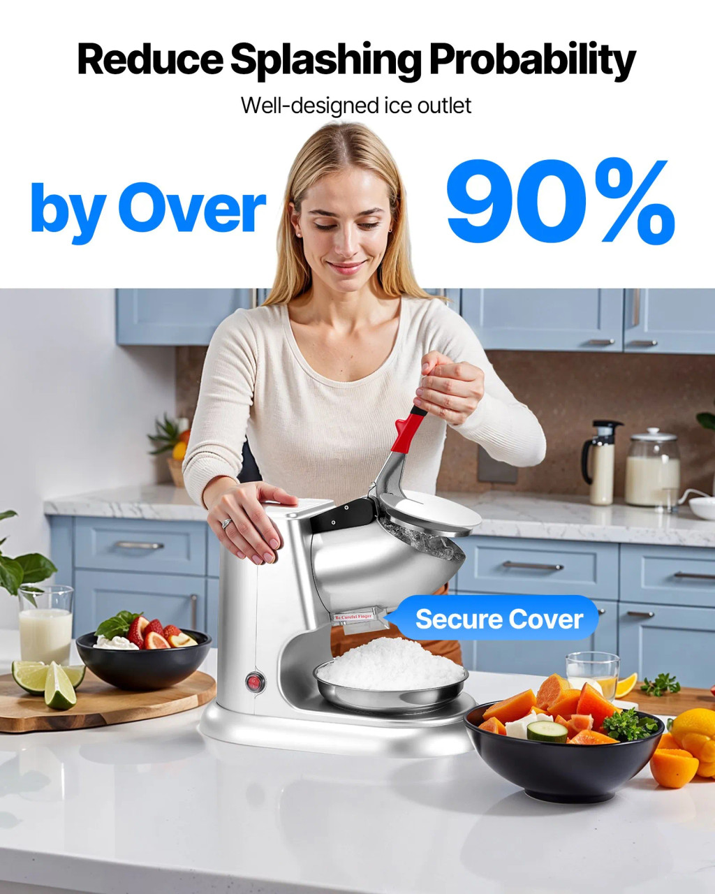 220 lbs/h Commercial Ice Crusher, 300W Electric Snow Cone Machine, 2000 RPM, 4 Blades, Stainless Steel with Bowl & Cover