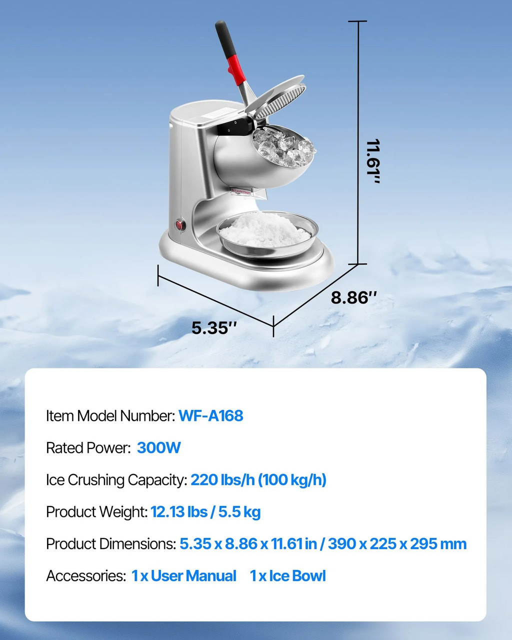 220 lbs/h Commercial Ice Crusher, 300W Electric Snow Cone Machine, 2000 RPM, 4 Blades, Stainless Steel with Bowl & Cover