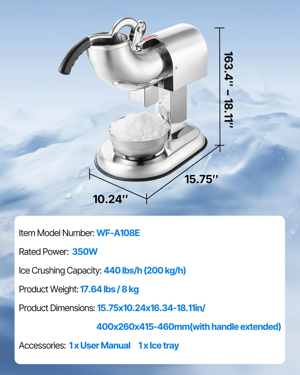 440 lbs/h Commercial Ice Crusher, 350W Electric Snow Cone Machine, 1400 RPM, 4 Blades, Stainless Steel with Bowl & Cover