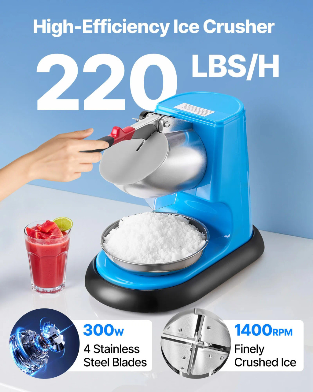 220 lbs/h Commercial Ice Crusher, 300W Electric Snow Cone Machine, 1400 RPM, 4 Blades, Stainless Steel with Bowl & Cover, Blue
