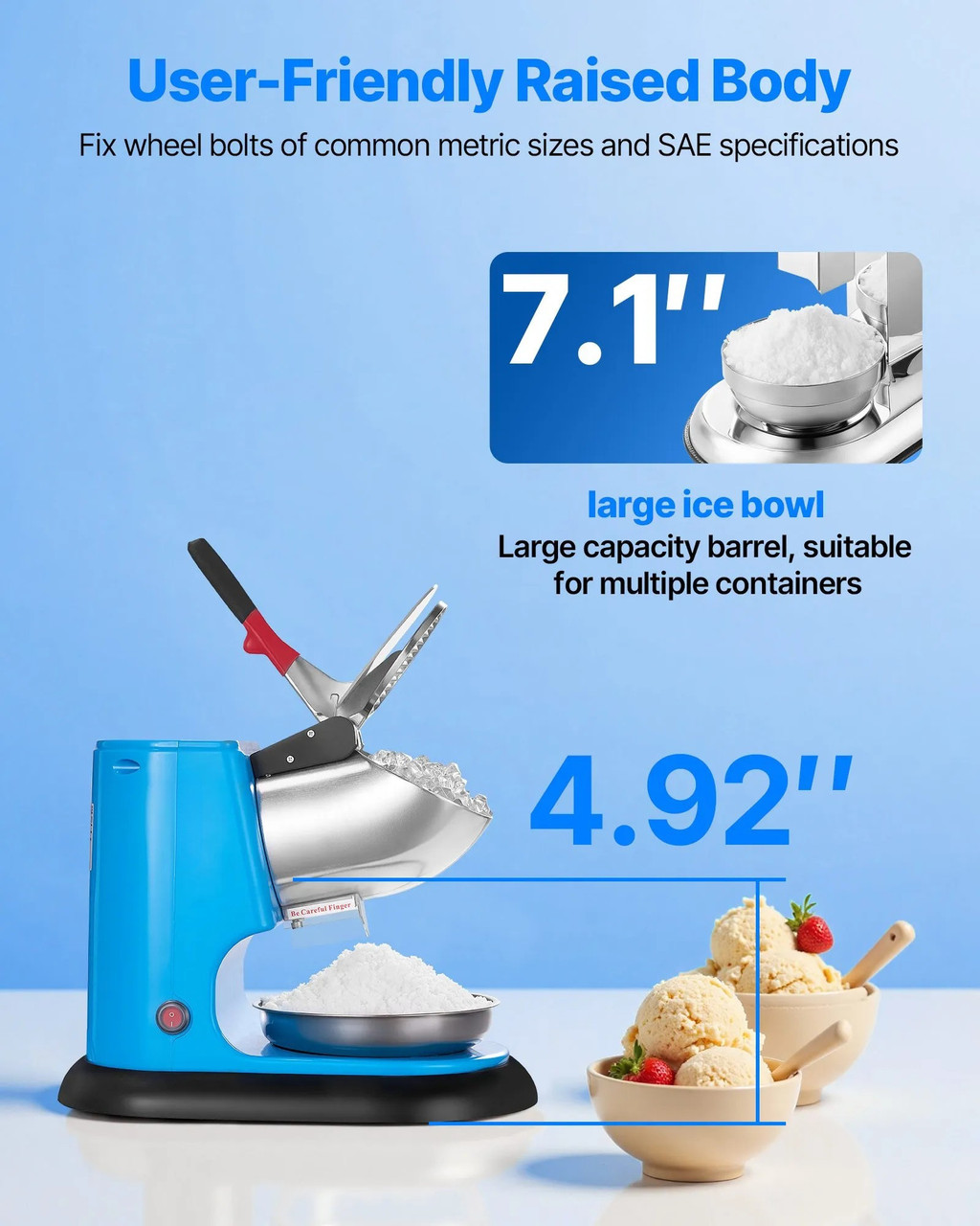 220 lbs/h Commercial Ice Crusher, 300W Electric Snow Cone Machine, 1400 RPM, 4 Blades, Stainless Steel with Bowl & Cover, Blue