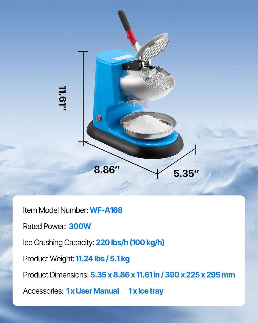 220 lbs/h Commercial Ice Crusher, 300W Electric Snow Cone Machine, 1400 RPM, 4 Blades, Stainless Steel with Bowl & Cover, Blue