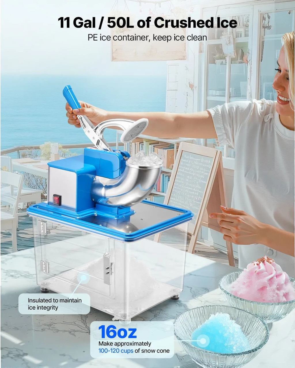 661 lbs/h Commercial Ice Crusher, 350W Electric Snow Cone Machine, 2000 RPM, 4 Blades, Stainless Steel with 11 Gal Ice Box, Blue