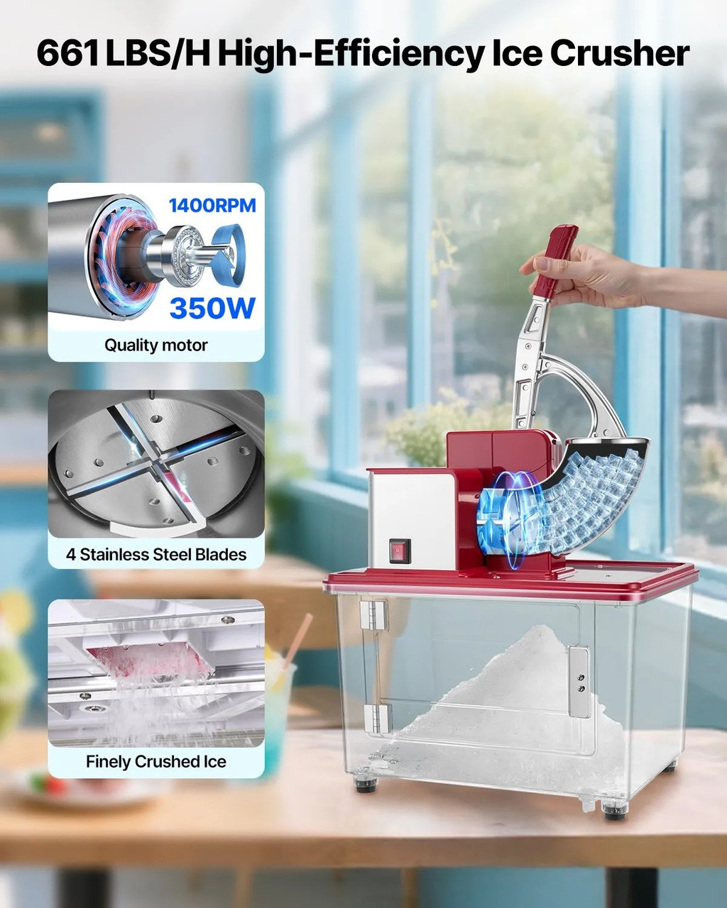 661 lbs/h Commercial Ice Crusher, 350W Electric Snow Cone Machine, 2000 RPM, 4 Blades, Stainless Steel with 11 Gal Ice Box, Red