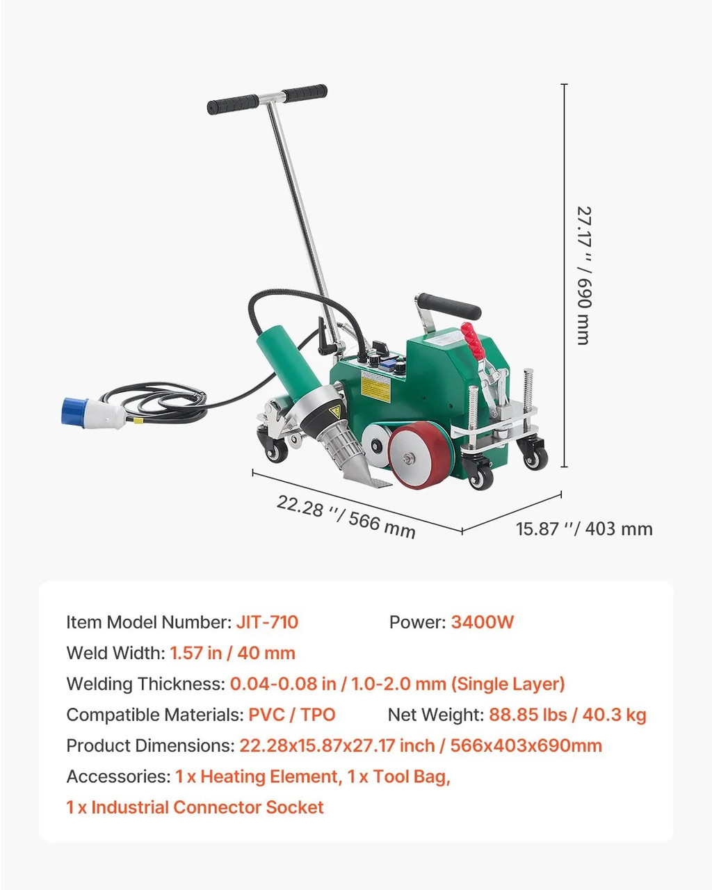 3400W Roofing Hot Air Welder, 220V PVC/TPO Plastic Welding Machine, 1.57in Width, 0.04–0.08in Thickness, 68–1202℉ Heat Range