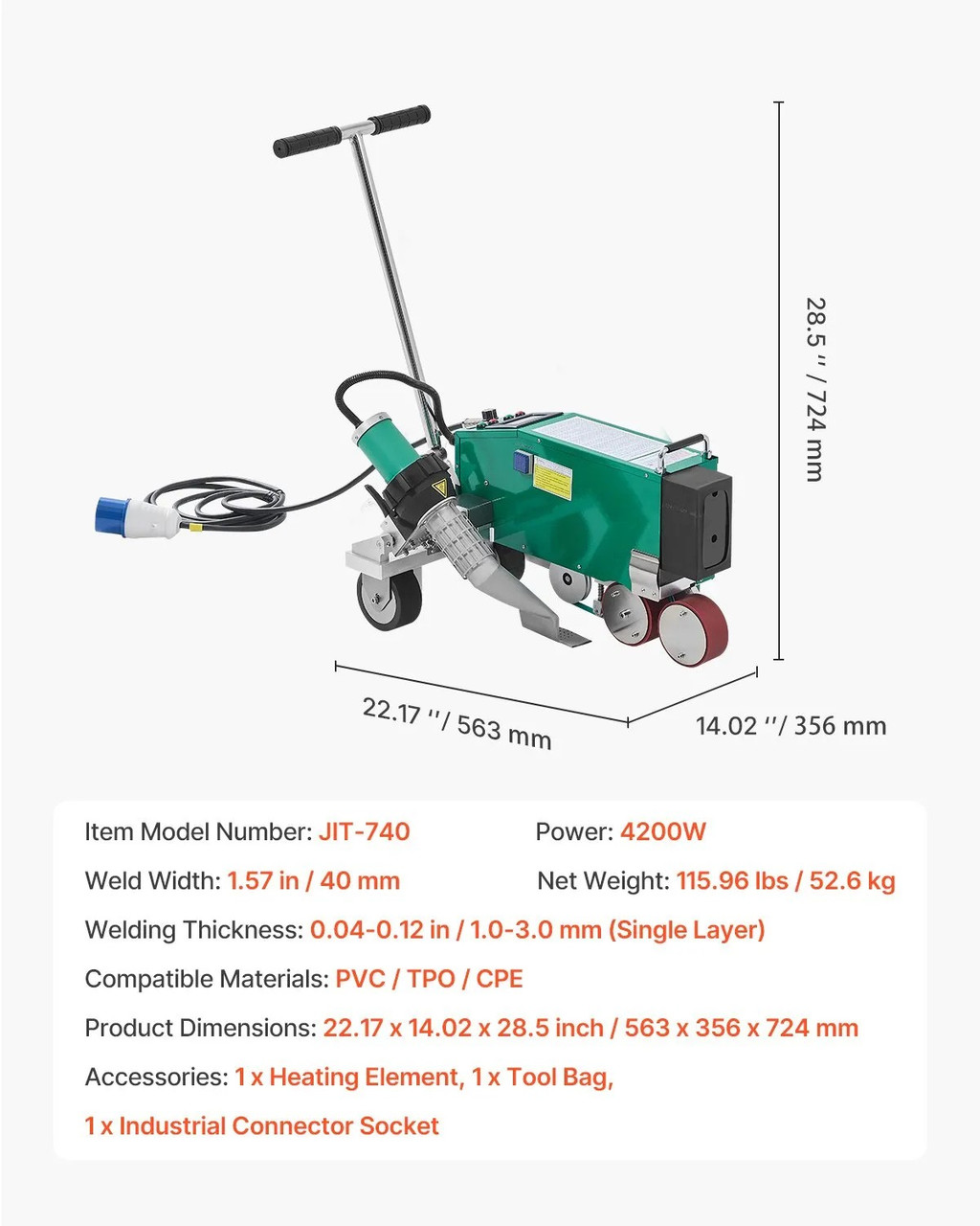 4200W Roofing Hot Air Welder, 220V PVC/TPO/CPE Plastic Welding Machine, 1.57" Width, 0.04–0.12" Thickness, 68–1202℉ Heat Range