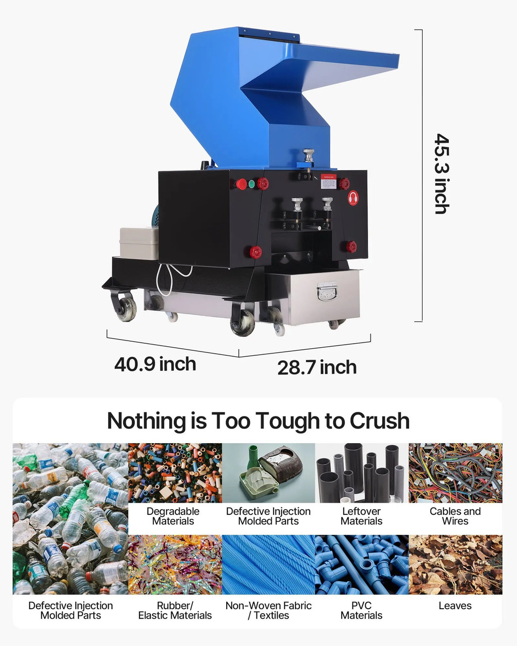 7.5HP/5.5KW Plastic Shredder Crusher, 200-300 kg/h Capacity, 11 SKD-11 Blades, 8mm Mesh, 220V 3-Phase Recycling Machine
