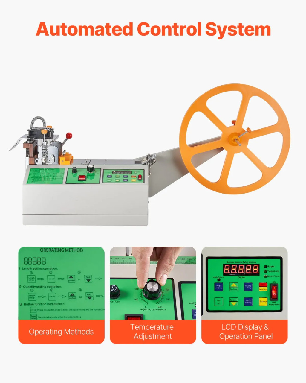 Automatic Webbing Cutting Machine, Hot & Cold Ribbon Cutter, Adjustable Temperature, LCD Display, 1-85mm Width, 1-99999mm Length
