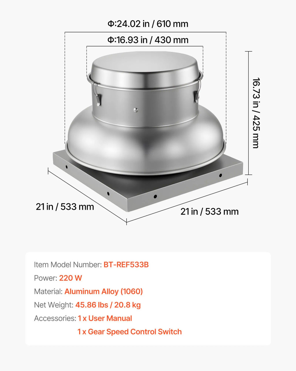 Roof Exhaust Fan, 21" Base, 220W Motor, Adjustable 900/1500 CFM, Waterproof Aluminum Alloy Housing, Silver