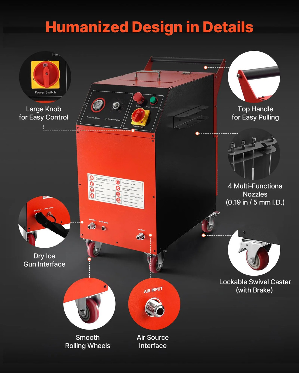 Dry Ice Blasting Machine, 16.5 lbs Capacity, 4 Nozzles, Adjustable Pressure & Ice Volume, 120V