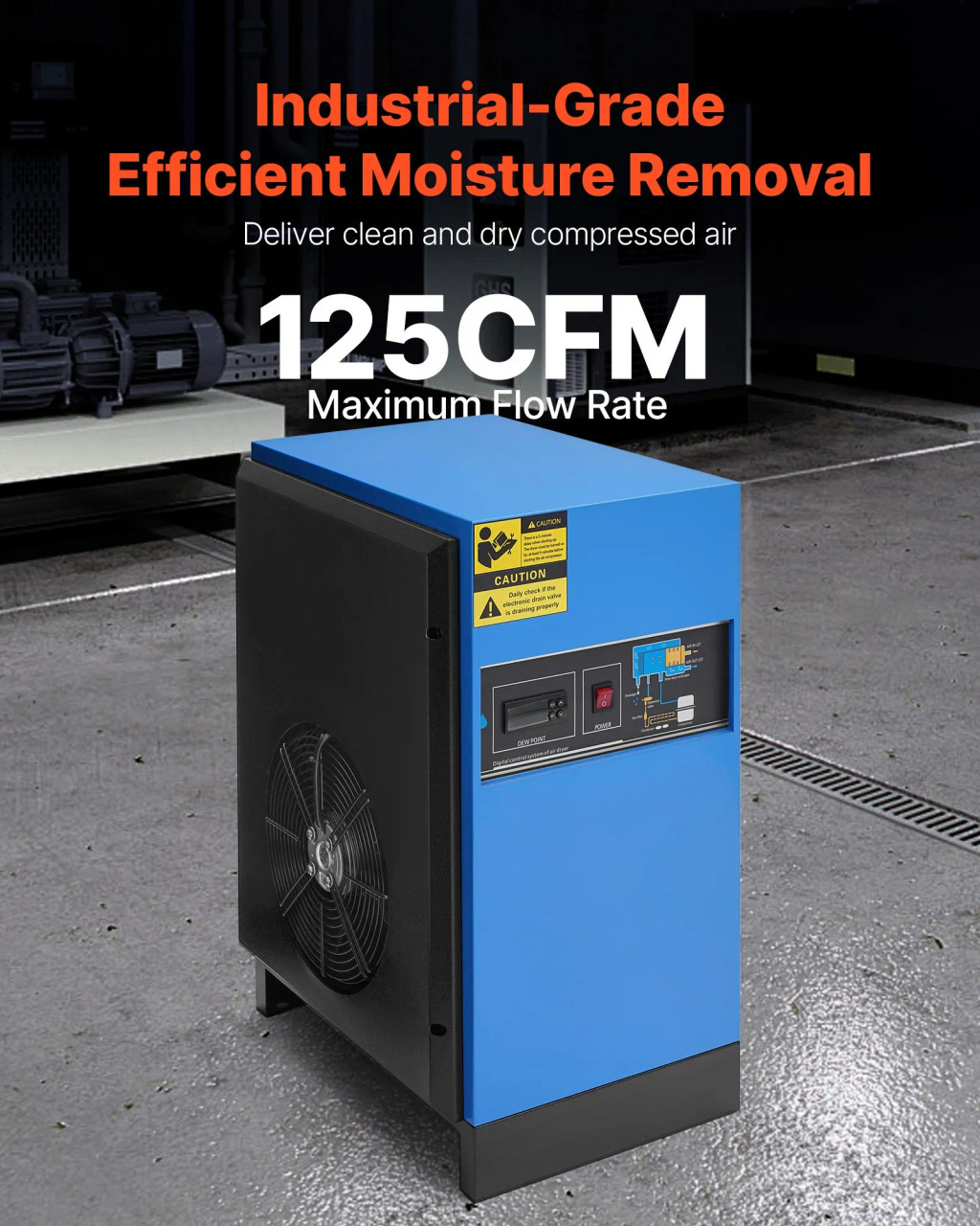 Compressed Air Dryer, 125 CFM Refrigerated Air-Drying System, 110–120V, Compatible with 20HP–30HP Compressors