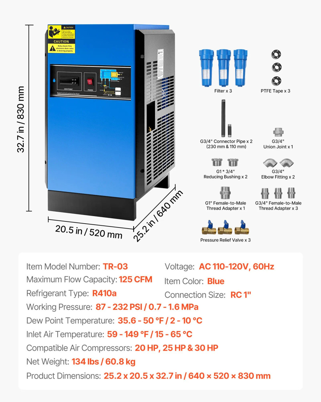 Compressed Air Dryer, 125 CFM Refrigerated Air-Drying System, 110–120V, Compatible with 20HP–30HP Compressors