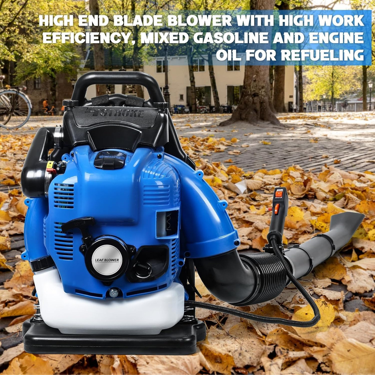Backpack Gas Powered Leaf Blower, 75.6CC 750CFM 7000R/Min Gas Grass Lawn Blower with 4-Stroke Engine, 1.9L Fuel Tank - for Commercial Lawn Care, Yard Debris, Snow Removal, Easy to Operate, Blue