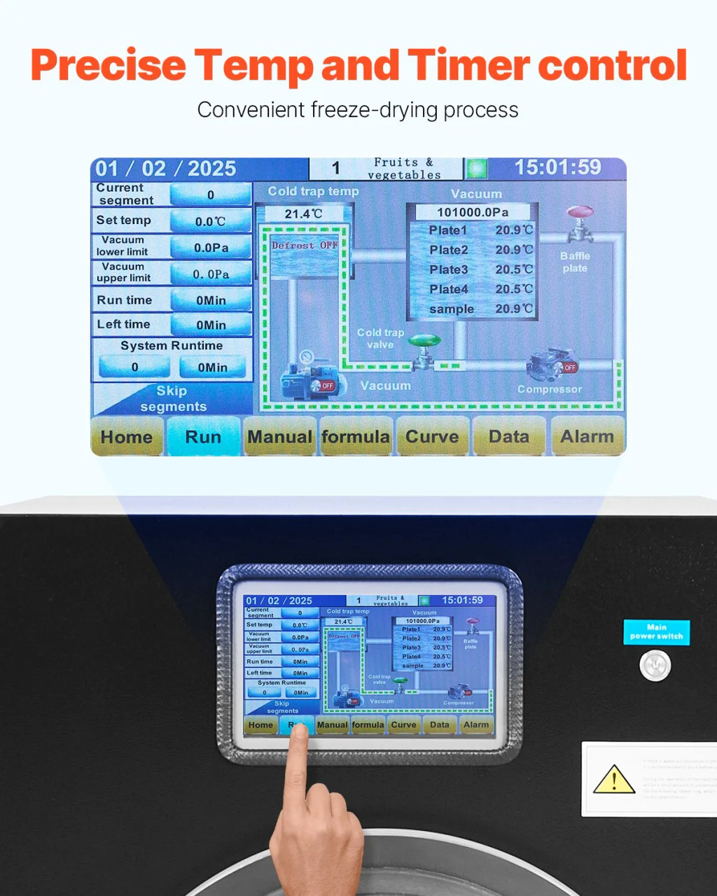 Vacuum Freeze Dryer Machine, 8.8–13.2 lbs/Batch, 4‑Layer Trays, Touch Screen Control, Black