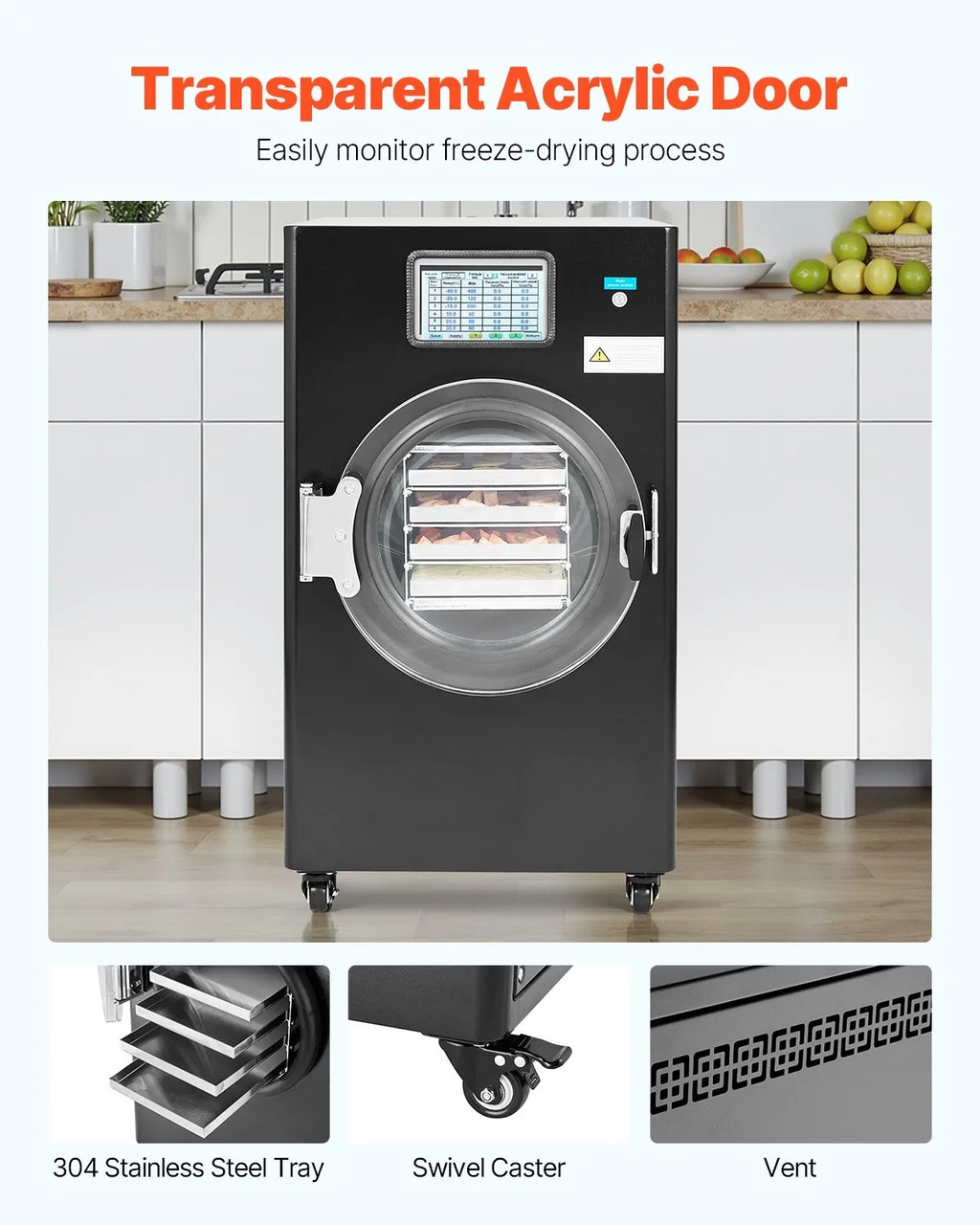Vacuum Freeze Dryer Machine, 8.8–13.2 lbs/Batch, 4‑Layer Trays, Touch Screen Control, Black