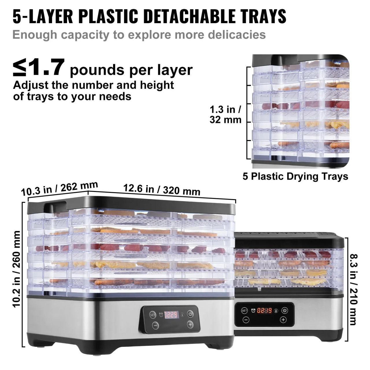 Food Dehydrator Machine, 5-Tray, 300W, Digital Timer & Temperature Control, ETL Listed
