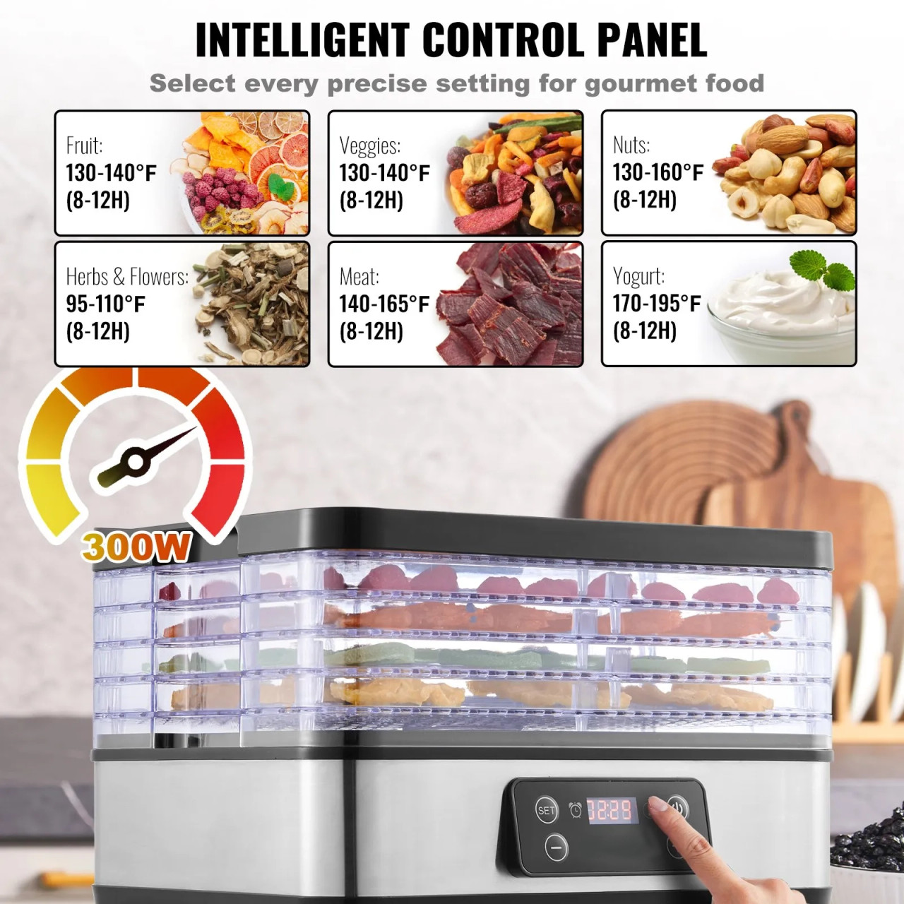Food Dehydrator Machine, 5-Tray, 300W, Digital Timer & Temperature Control, ETL Listed