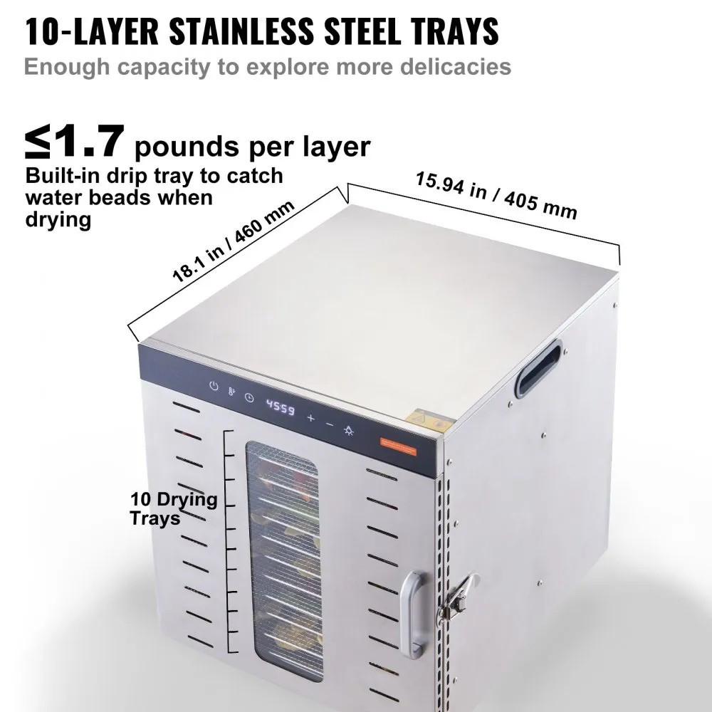 Food Dehydrator Machine, 10 Stainless Steel Trays, 1000W, Digital Timer & Temperature Control