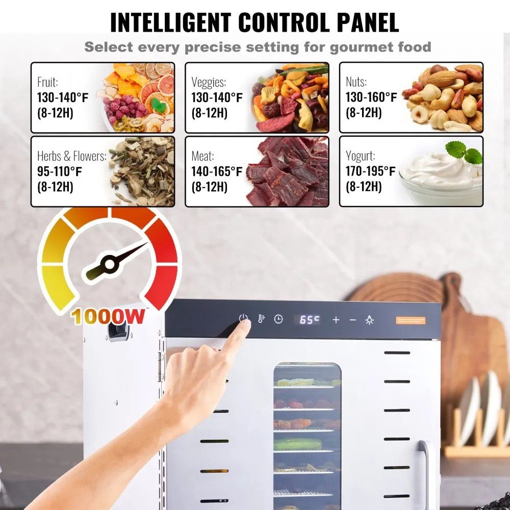 Food Dehydrator Machine, 10 Stainless Steel Trays, 1000W, Digital Timer & Temperature Control