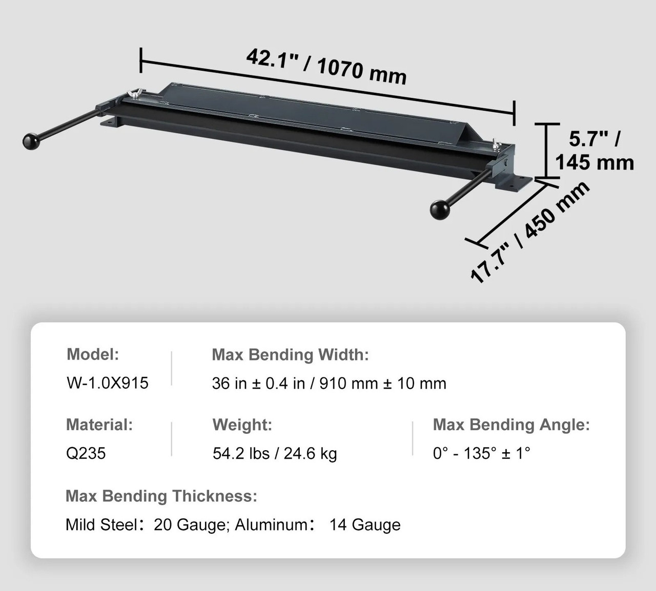 Box and Pan Brake, 36‑Inch, 0–135° Bending Range, 20‑Gauge Steel / 14‑Gauge Aluminum Capacity