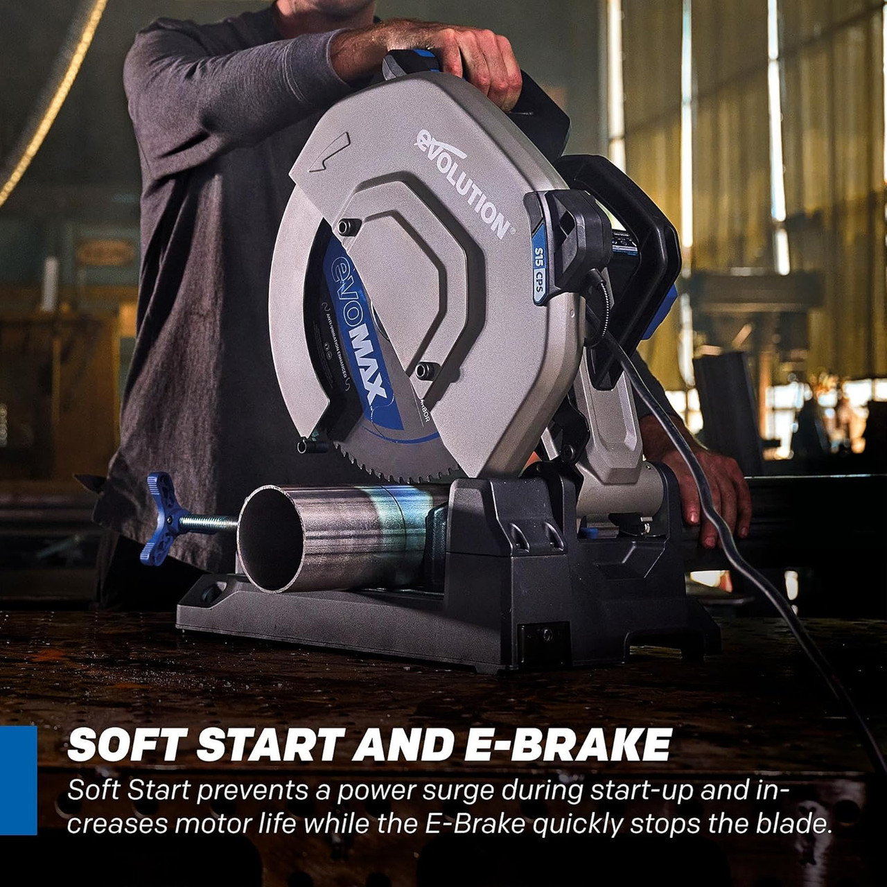 Evolution S15CPS 15" Heavy‑Duty Metal Cutting Chop Saw – 3,500+ Cuts with EVOMAX14ST Blade, Industrial Power, Soft‑Start Motor, E‑Brake, Precision Shadow Line Guide