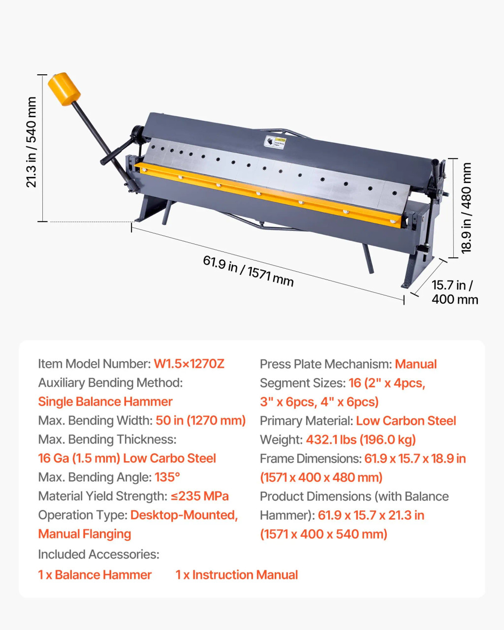 Box and Pan Brake, 50‑Inch, 16‑Gauge Mild Steel Capacity, 16 Fingers, 0–135° Adjustable