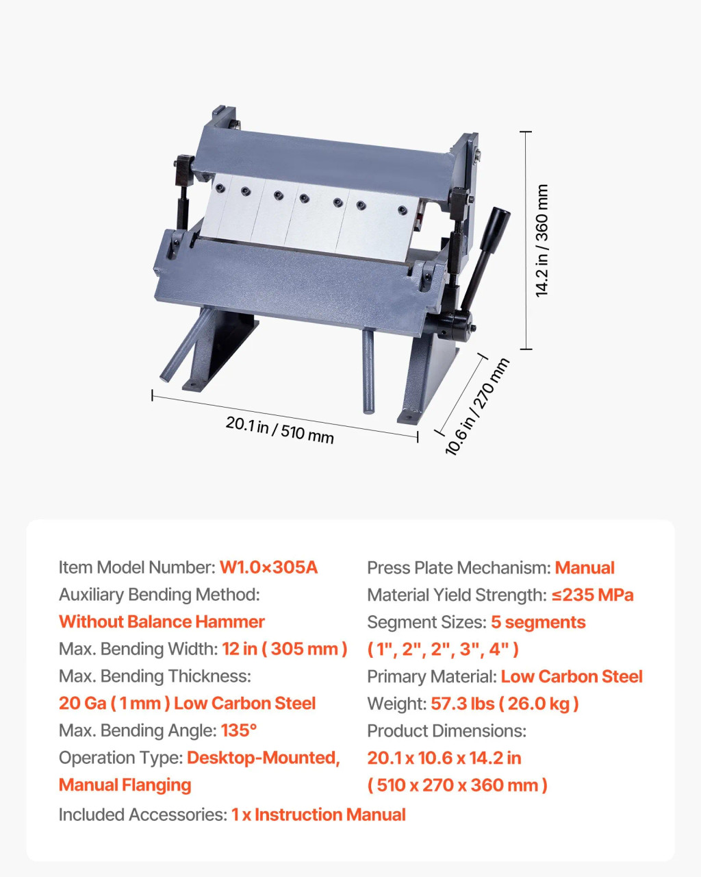 Box and Pan Brake, 12-Inch, 20-Gauge Mild Steel Capacity, 5 Fingers, 0-135° Adjustable