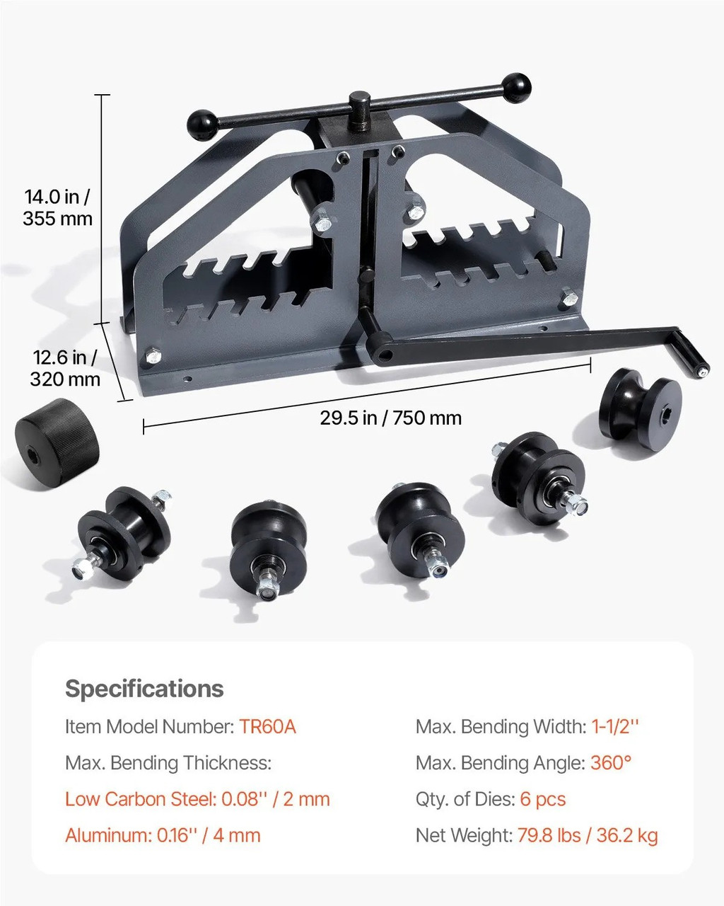 Tube Roller Bender, 1‑1/2" Manual Pipe & Flat Bar Bender, 6 Dies, 360° Adjustable