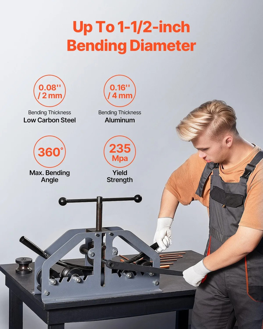 Tube Roller Bender, 1‑1/2" Manual Pipe & Flat Bar Bender, 6 Dies, 360° Adjustable