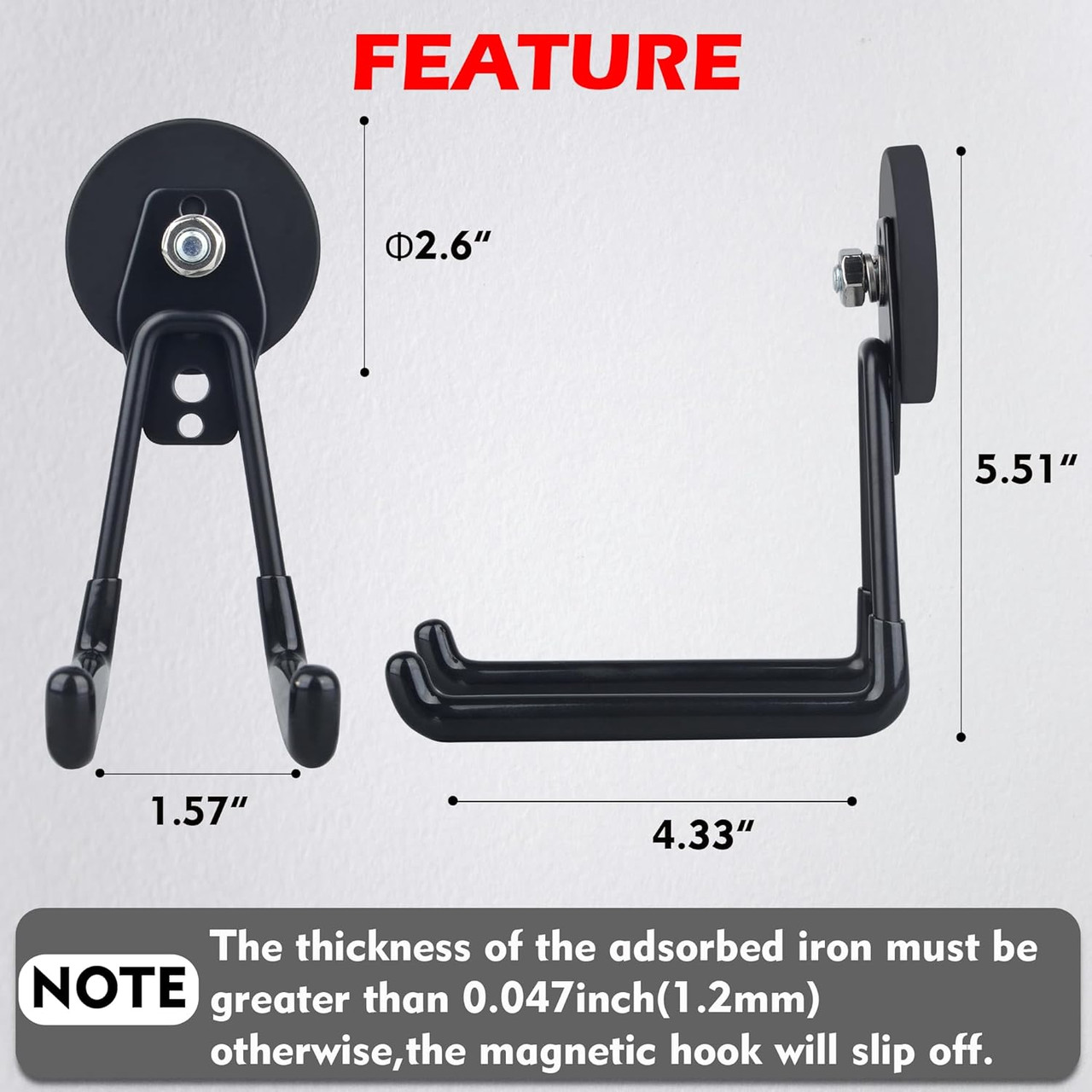 Magnetic Hooks Heavy Duty, 2PCS Strong Magnetic Garage Hooks for Cruise Cabins, Anti-Scratch Magnet with Long Hooks for Power Drill,Garden Tools,Hose,Tool Chest,Steel Pegboard,Workshop