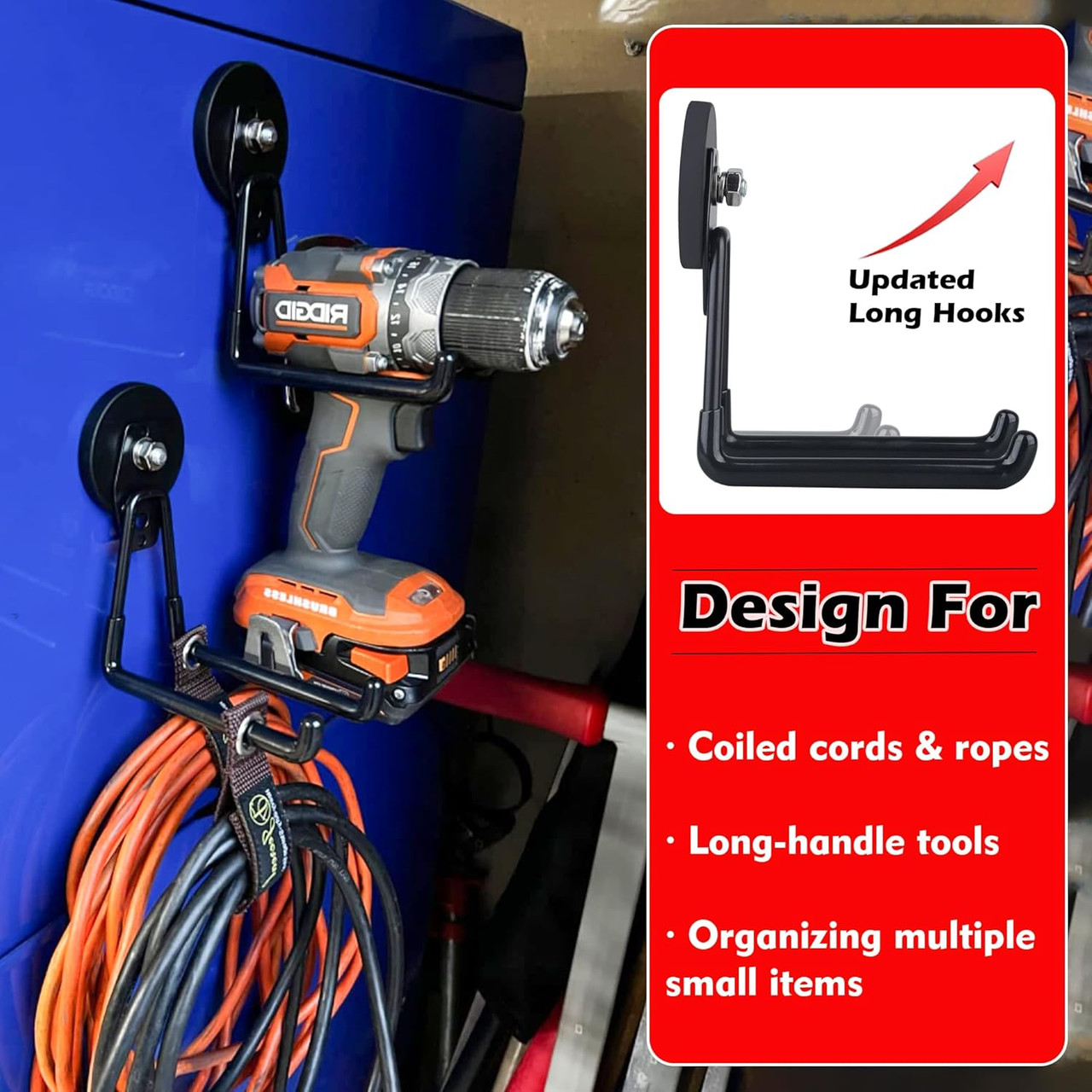 Magnetic Hooks Heavy Duty, 2PCS Strong Magnetic Garage Hooks for Cruise Cabins,Anti-Scratch Magnet with Long Hooks for Power Drill,Garden Tools,Hose,Tool Chest,Steel Pegboard,Workshop