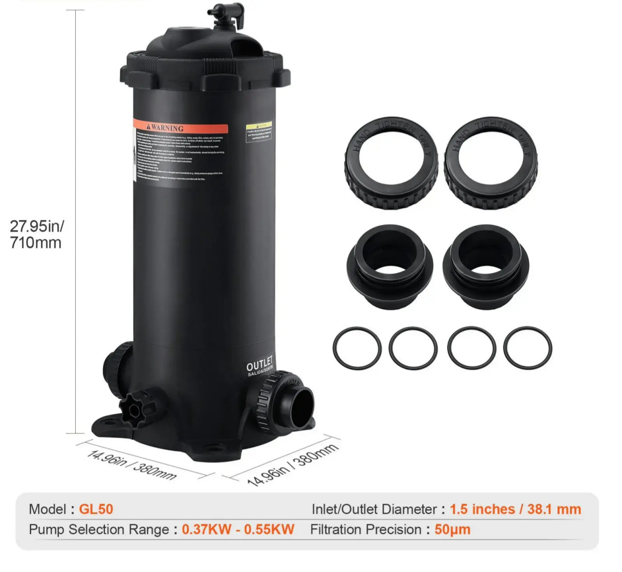 Cartridge Pool Filter, 50 Sq.Ft Area, Leak‑Proof Housing, Pressure Gauge & Relief Valve
