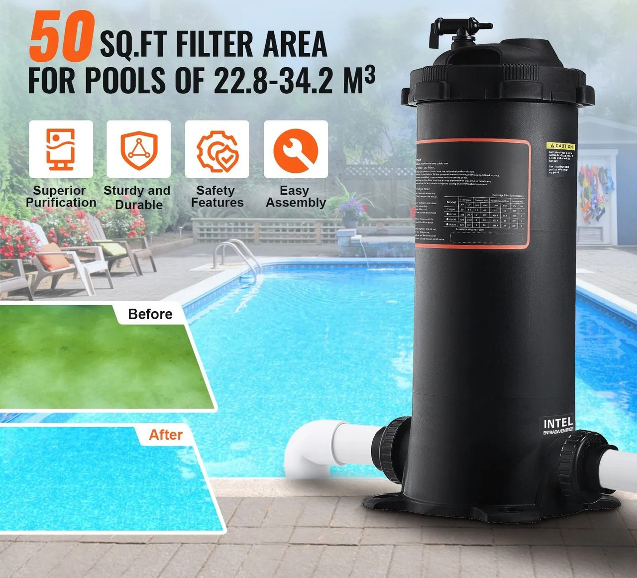 Cartridge Pool Filter, 50 Sq.Ft Area, Leak‑Proof Housing, Pressure Gauge & Relief Valve