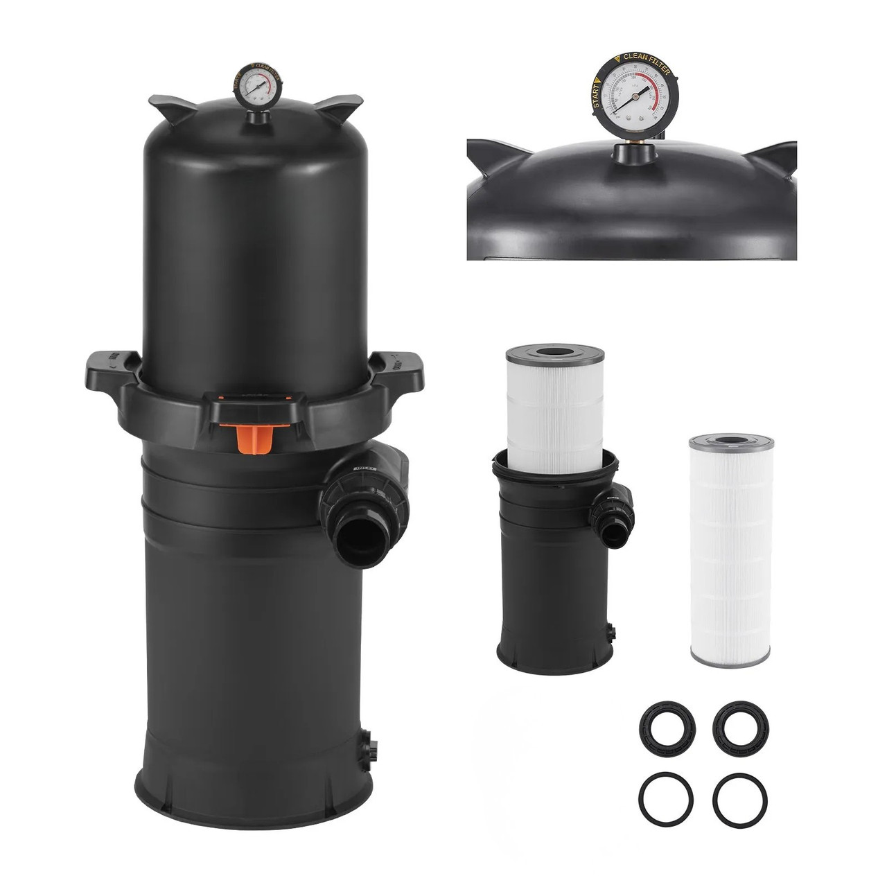 Cartridge Pool Filter, 200 Sq.Ft Area, 9000 GPH, Leak‑Proof Housing, Pressure Gauge & Relief Valve